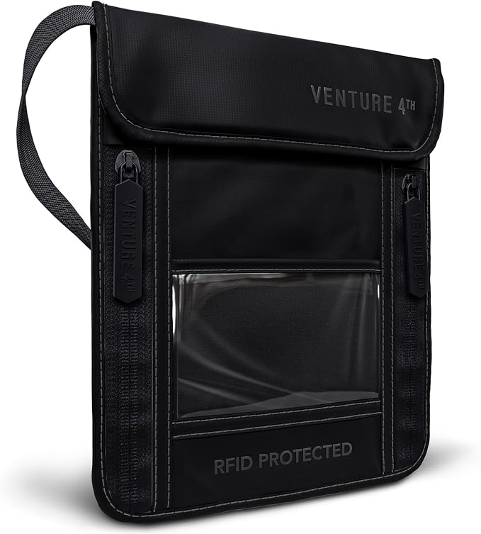 VENTURE 4TH Travel Neck Wallet, RFID Blocking Passport Holder - Sleek Black