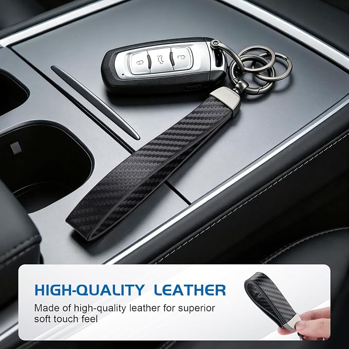 JUSTTOP Leather Wristlet Keychain, Carbon Fiber Car Key Chain with Anti-Lost D-Ring and 2 Key Rings, Compatible with Most Car Keys, Car Accessories, A Great Gift for Men and Women (Black)
