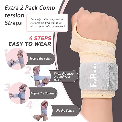 Carpal Tunnel Wrist Brace for Right Left Hand 2 Pairs, Wrist Support Wraps for Women Men, Adjustable Wrist Brace for Tendonitis, Arthritis, Weightlifting, Sports, Day Night Support, Grey&Nude