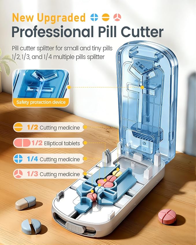 Professional Pill Cutter for Small Pills, 3-in-1 Pill Cutter Splitter for Small or Large Pills-Safely Cuts 1/2, 1/3, and 1/4 Multiple Pills Splitter, Adjustable Pill Cutter with Storage (White Blue)