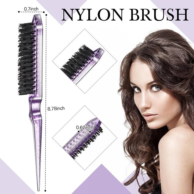 Geiserailie 3 Pcs Slick Back Hair Brush Set Bristle Brush Edge Control Teasing Comb for Women Black Hair(Clear Purple)