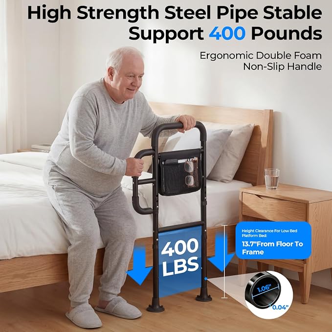 Bed Rails for Elderly Adults Safety, ASTM Tested 400 LBS Bed Assist Rail with Side Assist Handle, Ergonomic Foam Grip, Bed Cane for Seniors, Adjustable Height Thickened Carbon Steel Frame (Black)