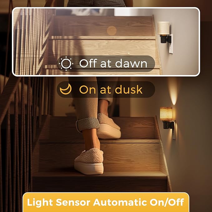 L LOHAS LED Night Lights Plug into Wall,Linen Fabric Cylinder Night Light | Dusk to Dawn Sensor Vintage Nightlight, 3000K Soft Warm 0-100LM Dimmable, Decor for Bedroom Living Room Hallway