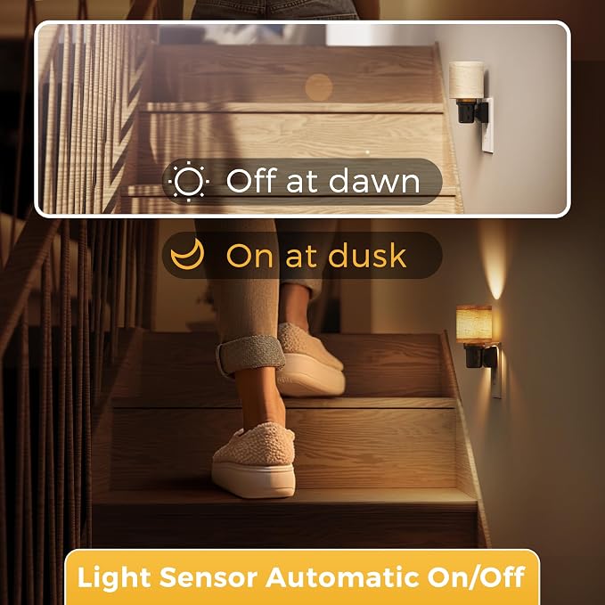 L LOHAS LED Night Lights Plug into Wall,Linen Fabric Cylinder Night Light | 2 Pack Dusk to Dawn Sensor Vintage Nightlight, 3000K Soft Warm 0-100LM Dimmable, Decor for Bedroom Living Room Hallway