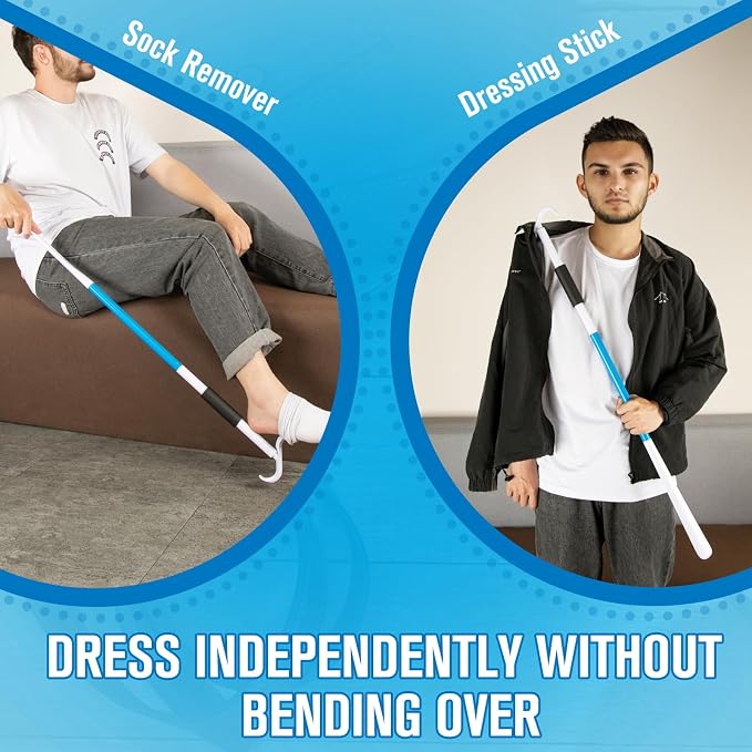 35" Long Shoe Horn for Seniors, 2-in-1 Dressing Stick with S-Hook for Elderly, Pregnant Women, Hip/Knee Surgery, Helps Put on Clothes & Shoes Without Straining (Blue)