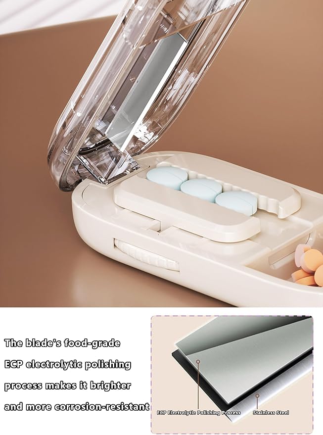 Pill Cutter Splitter for Small and Tiny Pills, Adjustable Pill Cutter and Splitter for Multiple Pills, Portable 1/2 1/4 Splitter Popper, Accurate Centering Alignment Device (Beige, 1/2 + 1/4)