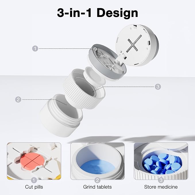 Sukuos Pill Cutter, Adjustable 1/4 and 1/2 Splitter for Cutting Multiple Pills, Press-to-Cut Small & Large Tablets with Pill Crusher and Storage Compartment &Sharp Stainless Blade, Gray
