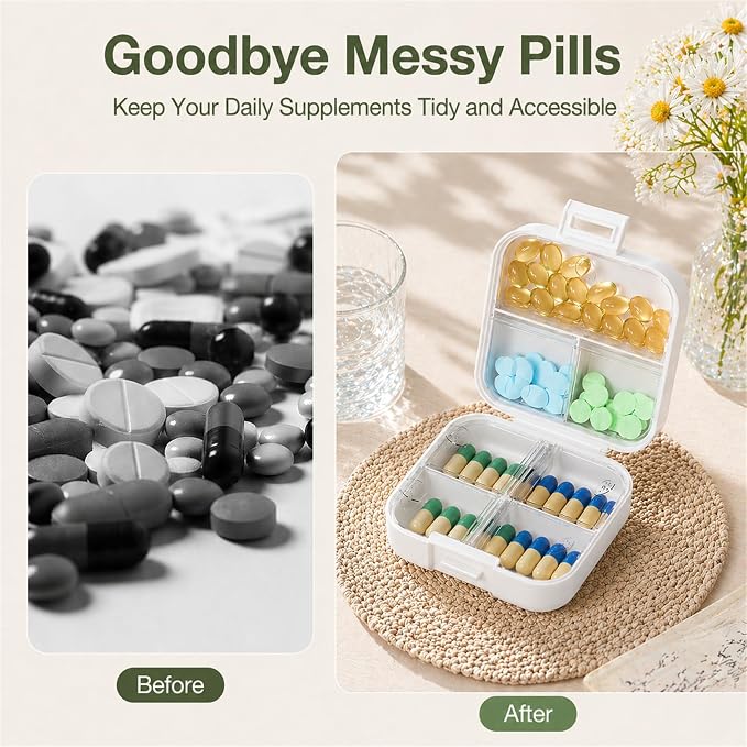 Small Travel Pill Box, Double Layer 7-Compartments Pill Organizer, 3.1" x 3.1" x 1.4" Portable Weekly Pill Case Container for Pocket, 7 Day Compact Medicine Holder for Vitamins, Fish Oils White