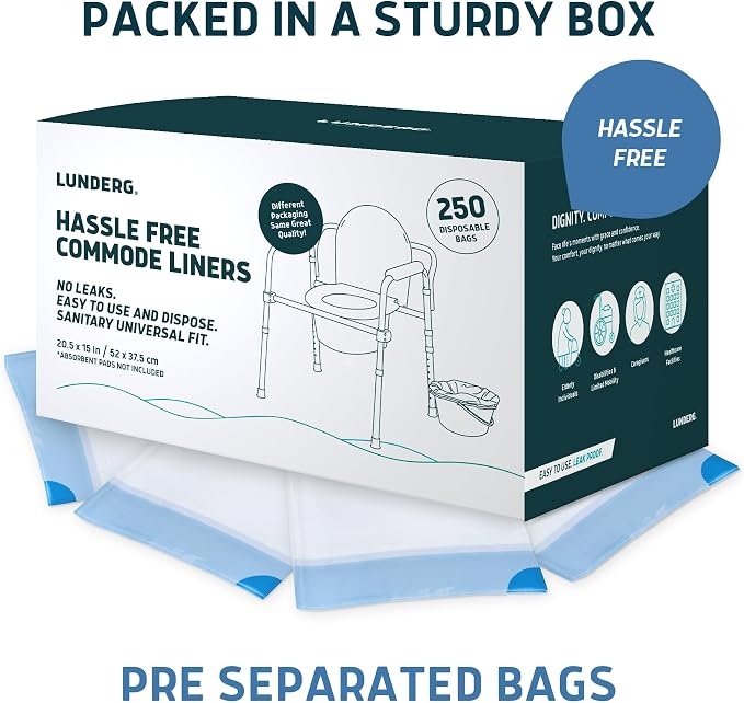 Lunderg Commode Liners - Value Pack 250 Count Universal Fit | Medical Grade Bedside Liners Disposable for Adult Commode Chair, Portable or Camping Toilet Bags