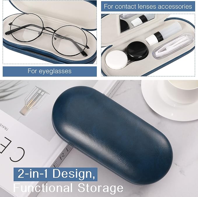MoKo Double Eyeglass Case, Contact Lens Case with Mirror Tweezers Remover, 2 in 1 Double Sided Portable Contact Lens Box Holder Container Soak Storage Kit Sunglasses Pouch for Men & Women, Blue
