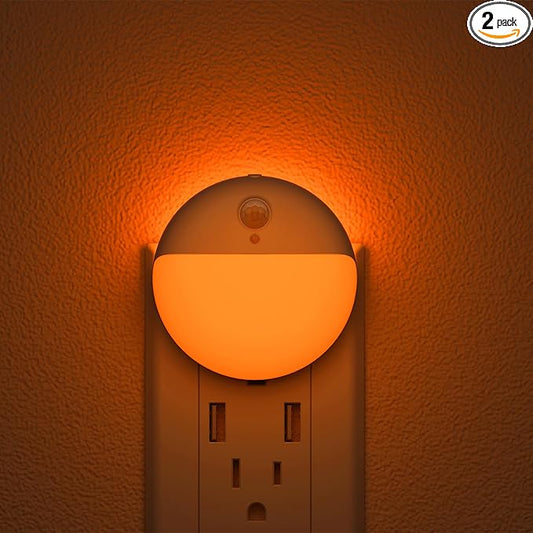 YUNLEX 2 Pack Plug in Sleep Night Light with Motion Sensor and Dusk to Dawn Sensor, 3 Modes, Soft Glow, Stepless Dimming, LED Lights for Bedroom, Sleep, Baby Nursery, Kids, Toddler, Home Decor (Amber)
