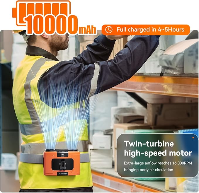 Doublepow 10000mAh Portable Waist Fan, Personal Dual Waist Fan, Clip On Belt Hanging Neck, Dual Motor 20H&10 Speed 16000RPM Strong Airflow, USB Rechargeable Fans, for Outdoor Work Travel(K60-Orange)
