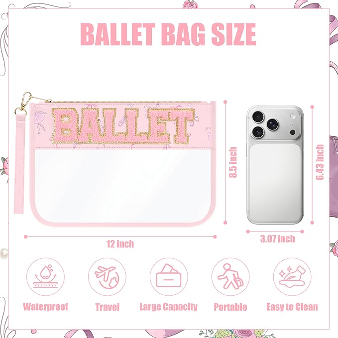 BuyCard Ballet Gifts Cosmetic Makeup Bag with Chenille Letter Patch, Clear Pouch PVC Organizer Purse, Waterproof Travel Bag, Portable Toiletry Storage Bags for Her Girls Friends Women