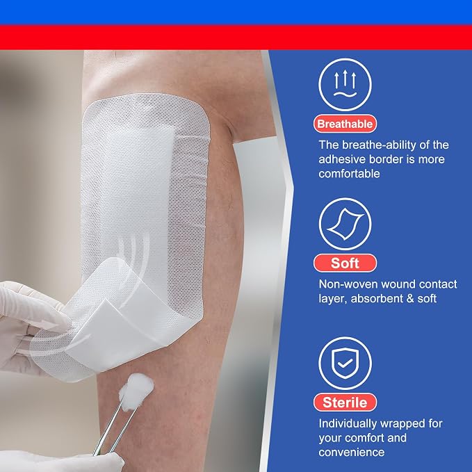 Niceful 25Pcs Island Dressing Bordered Gauze 4"x10", Water-Resistant Large Adhesive Bandages, Absorbent Wound Dressing Pads Bandages Large Wound Care