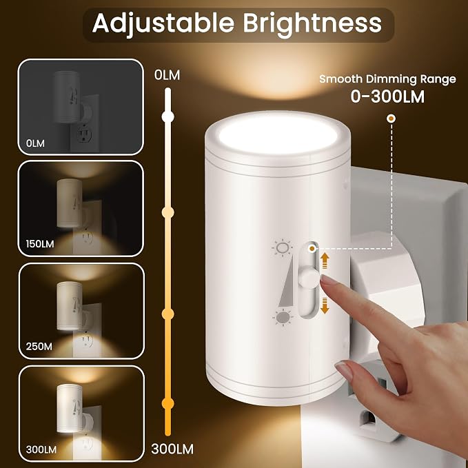 4 Pack LED Plug-in Wall Night Light with Dimmable 0-300 Lumens, 3000K Soft White, Auto On/Off Light Sensor & Adjustable Head for Hallway, Stairs, Bedroom