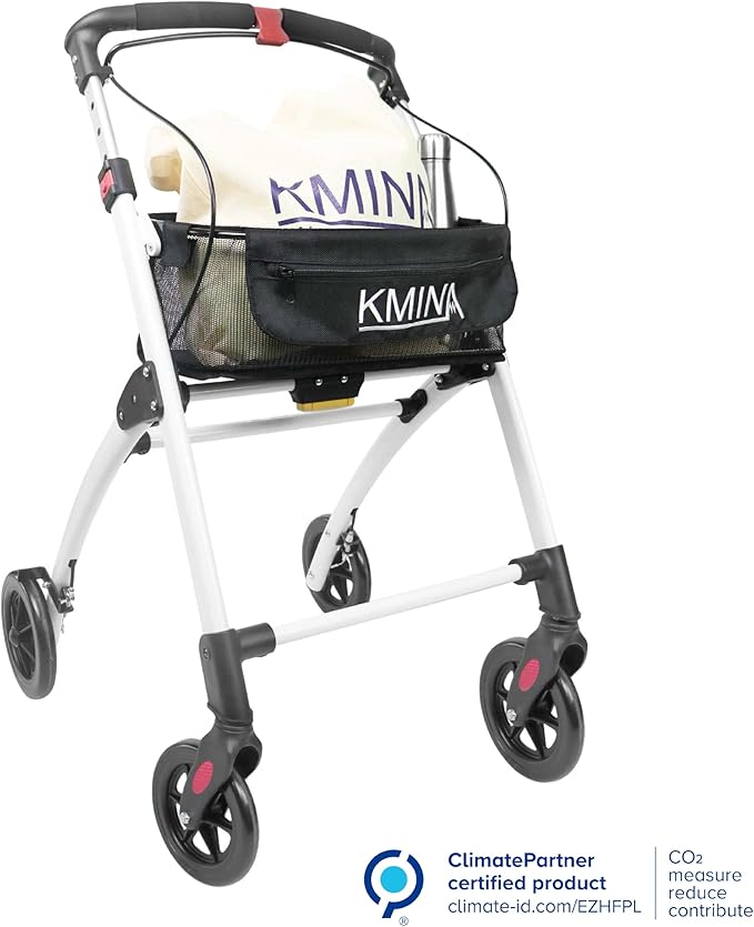 KMINA Narrow Walker for Small Spaces (22" Wide), Foldable Walker | Tray and Basket, 4 Wheels and Brakes, Lightweight Indoor Rollator for Seniors, Black