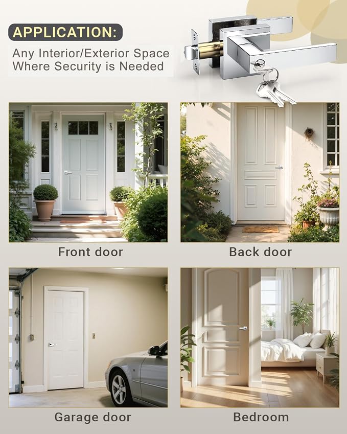 KNOBWELL 2 Pack Polished Chrome Door Handle with Lock and Key Keyed Entry Square Door Lever Entrance Doorknob