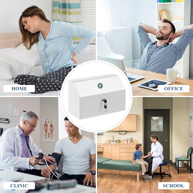 KYODOLED Medicine Lock Box with Keys, Wall Mount Steel Cabinet, White | Medium size 12.2 x 5.9 x 7.87 in, steel build, locking access, child-safe storage for home, school & emergency use