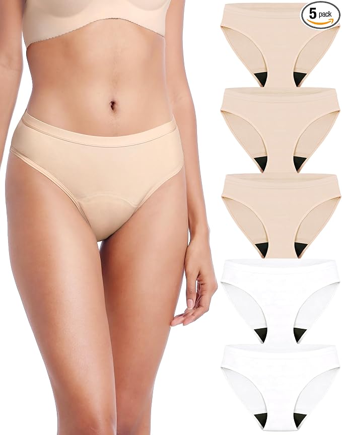 AIRCUTE Washable Leak Proof Incontinence Underwear for Women Absorbency Bladder Control Briefs 70ML,5 Pack (L, Beige3-White2)