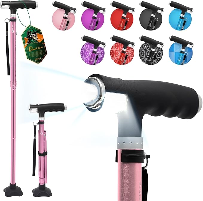 BeneCane Walking Cane for Women Folding Cane for Men with Two Led Lights Quad Cane with Stable Base Lightweight and Adjustable Walking Stick
