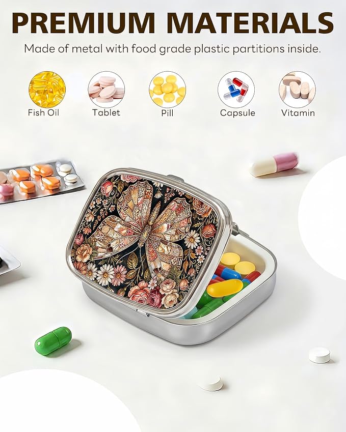LRITER Pill Case, 2 Compartment Portable Small Travel Pill Organizer for Purse and Pocket, Stylish Medicine Case with Multiple Patterns, Daily Pillbox for Home & Travel (Butterfly)
