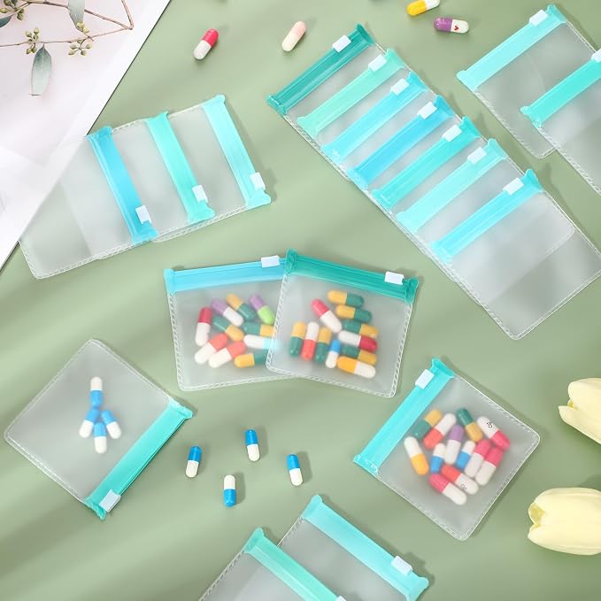 Sherr 35 Pcs Pill Pouch Bags with Zipper Pill Pouch Set Travel Reusable Translucent Medicine Organizer Self Sealing Plastic Bag with Slide Lock for Storage(Dark Green,3 x 3 Inch,Blank Style)