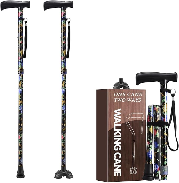 Floral Canes for Women Folding Cane for Stability with Non-Slip Base, Adjustable Walking Cane for Seniors - Lightweight Collapsible Walking Sticks with T & Offset Handle