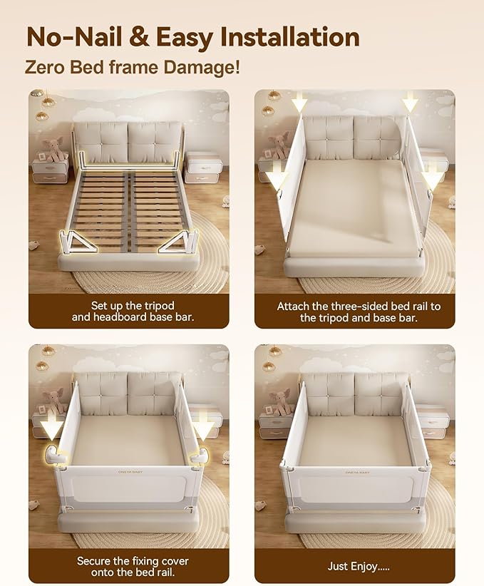 3 Piece Bed Rails for King Size Bed, No-Drill Needed Baby Bed Rail Guard | Thickened Bed Bails for Toddlers, Child Safety Side Railing Guards, Height Adjustable Bedrail for Kids, 74.8x78.7x78.7in