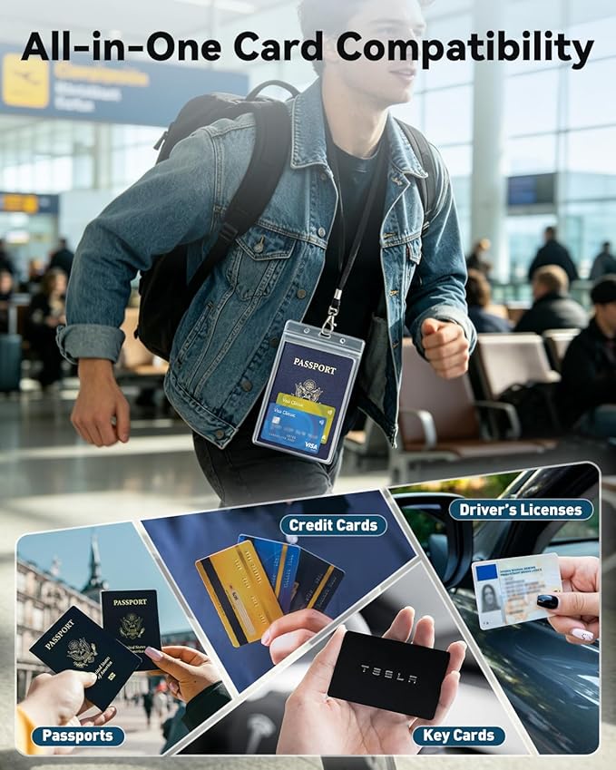 Uniclife 3 Pack Passport Holders with Lanyards for Travel Events | clear PVC passport holders with lanyards are waterproof and extra large for travel, cruises, events and IDs.