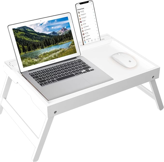 Artmeer X-Large Bamboo Bed Tray with Device Slot and Folding Legs, White | X-large FSC-certified bamboo bed tray with device slot, folding legs and extra space for meals, laptops and reading in bed.