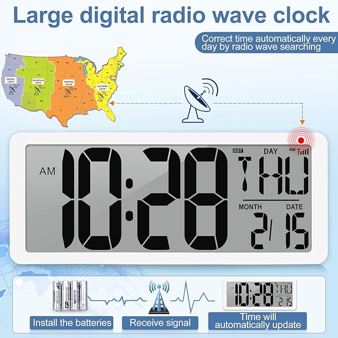 Atomic Clock with Backlight 15.0" Digital Wall Clock Battery Operated Atomic Wall Clock Digital Alarm Clock with Day Date & Temperature for Wall Office Bedroom Living Room