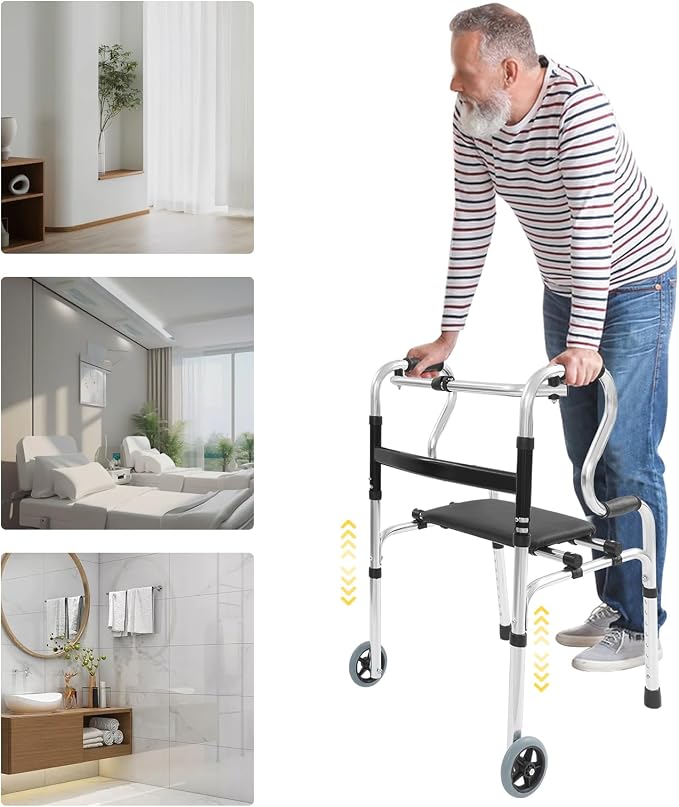 Folding Walker on Wheels with Removable Seat, 3-in-1 Stand-Assist Folding Walkers, Adjustable Height Walking Mobility Aid Toilet Handrail for Elderly Handicapped Disabled