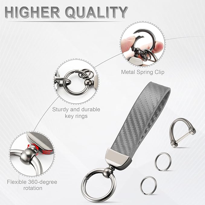 JUSTTOP Leather Keychain, Carbon Fiber Car Key Chain with Anti-Lost D-Ring and 2 Key Ring, Keychain Wristlet, Car Accessories, Universal Keychain for Men and Women (Grey)