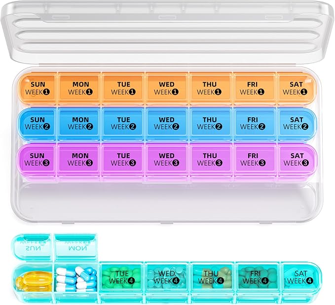 Daviky Monthly Pill Organizer 28 Day, 4 Week Pill Box with Removable Weekly Trays, Large BPA-Free Pill Organizer for Vitamins, Supplements and Medication, Travel Pill Case with Storage Box, White