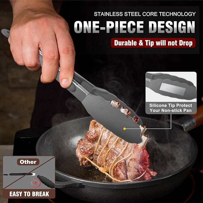 Walfos 600 Degree Heat Resistant Silicone Tongs for Cooking - Kitchen Tongs With Silicone Tips set of 3 size Food Looking Tongs (7" 9" and 12 inch Dark Grey)