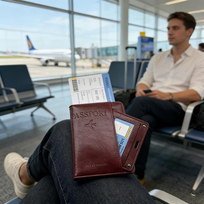RFID Passport Wallet, RFID Passport Holder for Wallet, Essential Travel Anti-Theft Wallet Storage Case, Anti-Theft Protective Case，Burgundy