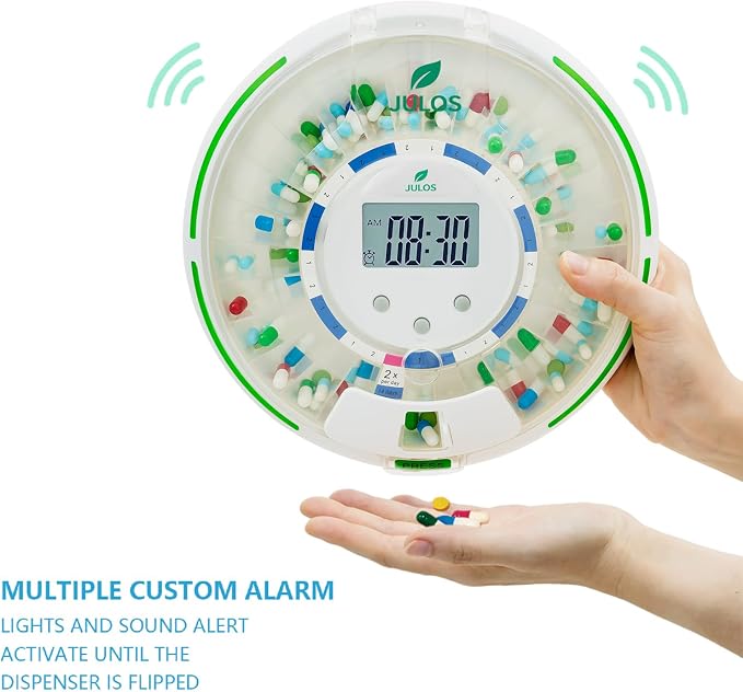JULOS 28-Day Automatic Pill Dispenser for Seniors with Alarm | Flashing Light & Loud Alert, Key Lock Security, Up to 6 Daily Doses, Medication Reminder for Seniors, Dementia & Caregivers