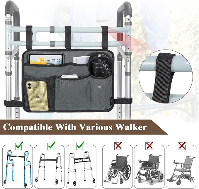 Walker Bag for Folding Walker, Walker Basket for Folding Walkers with Cup Holder Multiple Pockets Bag for Walkers for Seniors Rollator Accessories Bag (Grey)