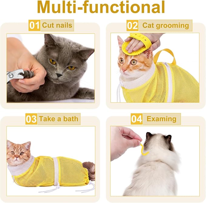 9 Pcs Cat Bathing Bag Set Cat Shower Bag Anti Bite and Scratch for Pet Grooming Washing Brush Comb Muzzle Nail Clipper Nail File Tick Tool (Yellow)