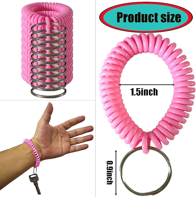 10 Pieces Wrist Coil Keychain Spiral Key Ring, Solid Pink | Wristband Bracelet Key Holder for Pool Gym ID Badge