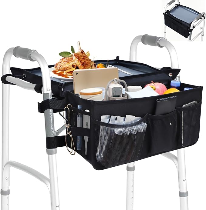 Walker Basket for Seniors, Walker Storage Bag with Reinforced Tray | Large Capacity Walkers Organizer, Multi Pockets, Stable Walker Accessories for Reading Eating Daily Essentials