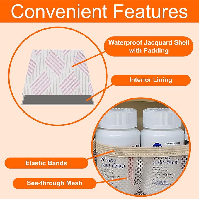 Medium Travel Pill Bottle Organizer, Slim Medicine Bag, Carrier for Medications and Medical Supplies - Jacquard Pink
