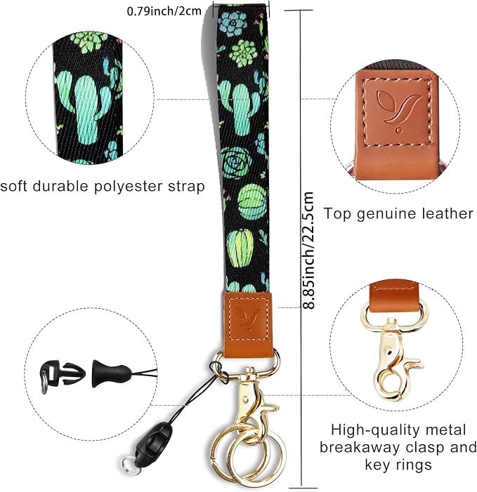 Yiflin Cute Wrist Lanyard for Keys, Keychain, Wallet, Id Holder, Cell Phone, Wristlet Lanyard Key Chain Holder（Black&Cactus）