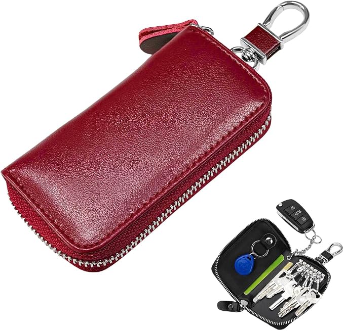 Leather Car Key Holder Bag, Unisex Key Fob Case with 6 Hooks, Zipper Closure Keychian Case Wallet for Smart Keys (Wine Red)