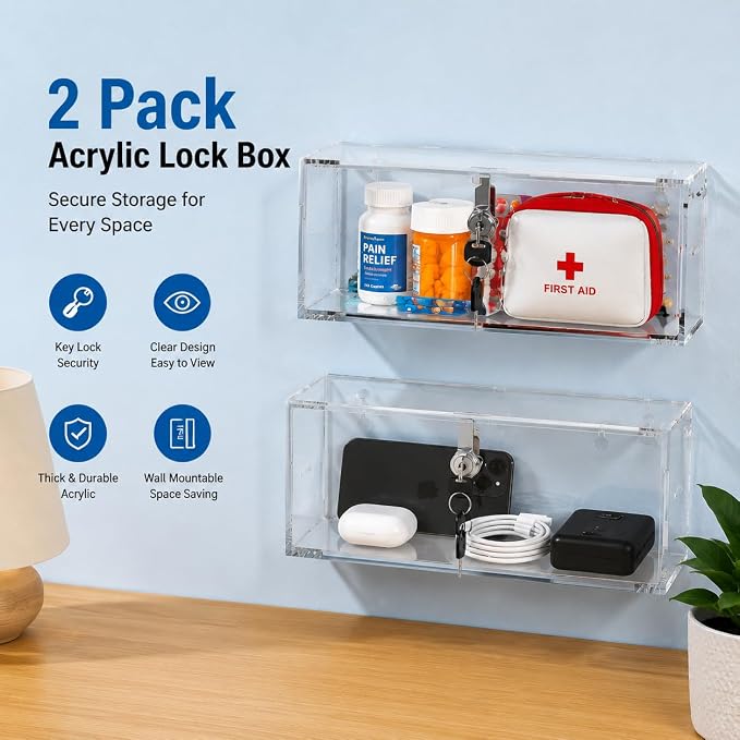2 Pack Clear Acrylic Lock Box with Key Lock, Wall Mountable Security Storage Box, 9.9 x 5.1 x 3.9 Inch Lockable Container for Medicine, Phones, Snacks and Home Valuables