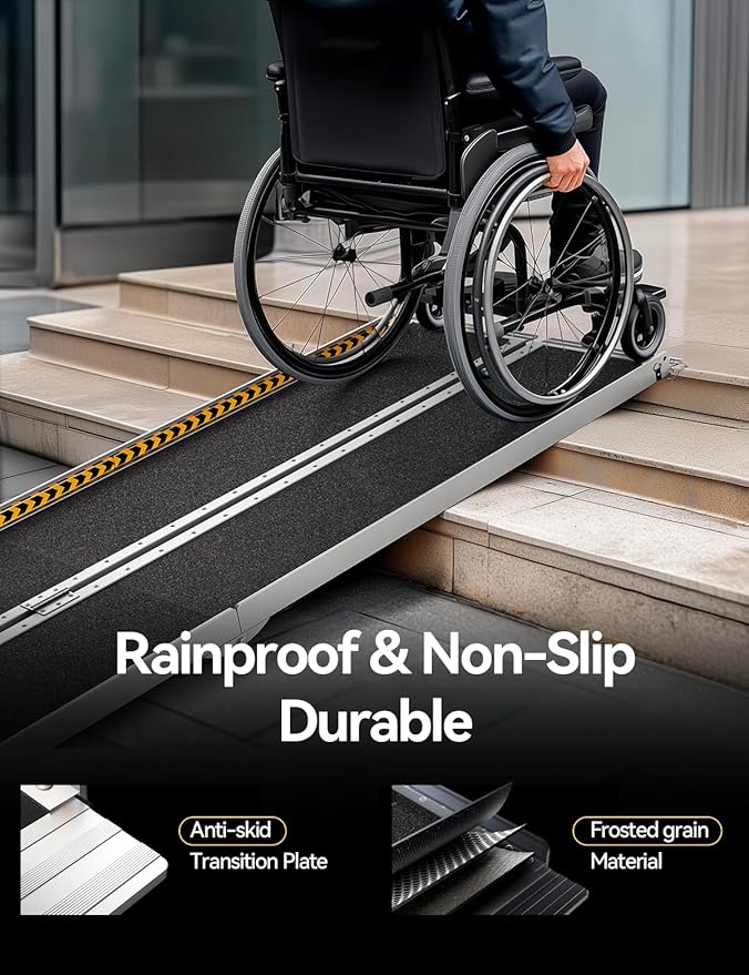 FACHNUO 8 Feet Portable Wheelchair Ramp, Non-Skid Aluminum Handicap Ramps with Handle, Folding Threshold Wheel Chair Ramp for Home Steps, Stairs, Entry, Threshold, Doorways, Scooter, 800LBS Capacity