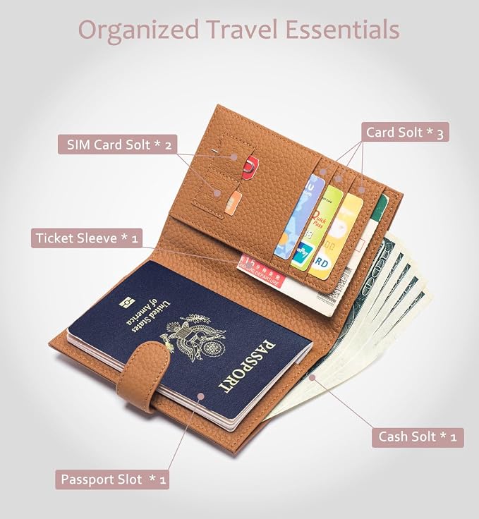 Leather RFID Passport Wallet for Travel Women with Gift Box | Slim Passport Holder for Men with Card Slots, Zipper Coin Pocket, SIM Slot, Cash Slot, Compact Travel Wallet (Brown)