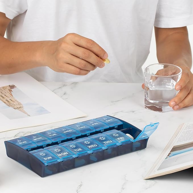 XL Large Weekly Pill Organizer 2 Times A Day, Hinged Lids Daily Vitamin Pill Box Holder Am Pm, Big Pill Container 7 Day, Medication Organizer Twice a Day, Medicine Organizer for Supplement