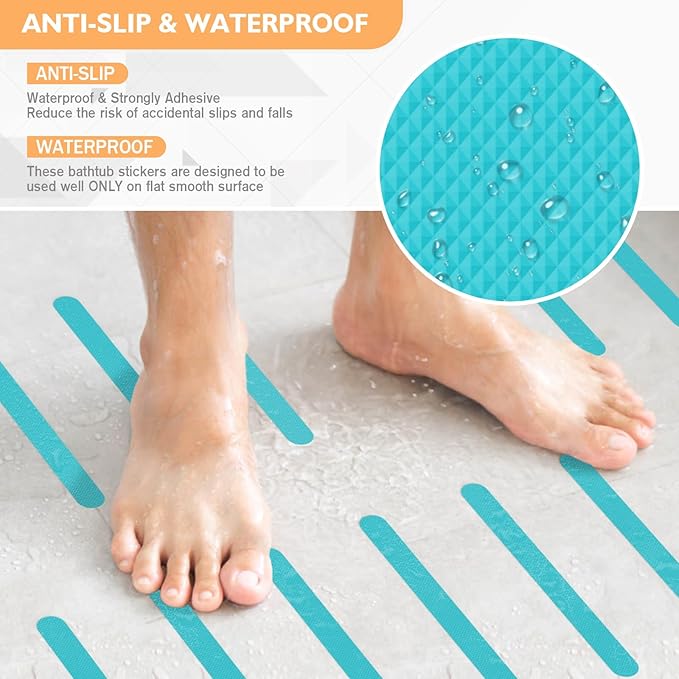 Non Slip Bathtub Stickers, 24 PCS Shower Stickers for Safety Bathroom Tubs, Bathtub Non Slip Stickers and Adhesive Decals Scraper for Bath Tub, Shower Floor, Stairs, Ladders (Blue)