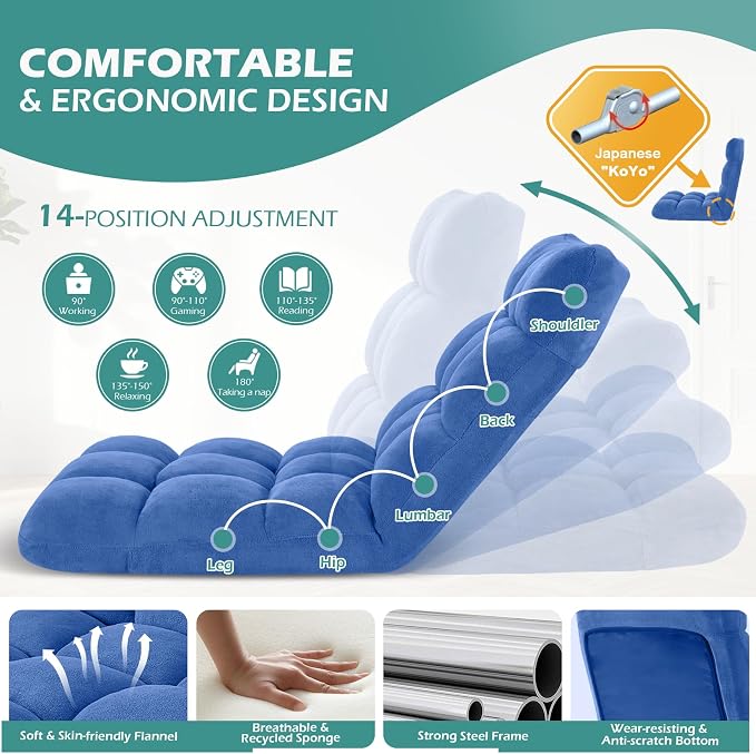Folding Floor Gaming Chair 14-Poistion Cushioned Adjustable Floor Lazy Sofa Chair w/Breathable Cotton & Skin-Friendly Velvet for Adults & Kids Perfect for Reading Gaming Meditating, Babyblue